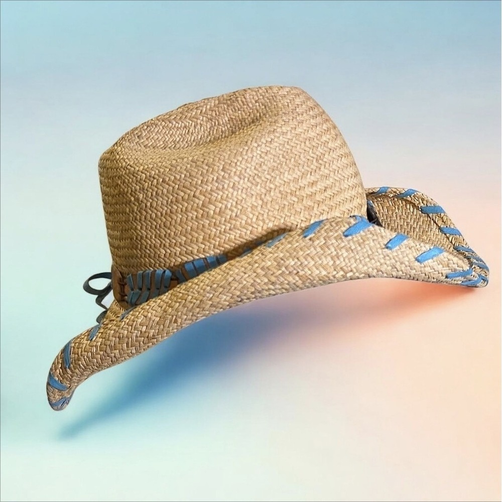 BULLHIDE Delmar Straw Cowboy Hat Rodeo Leather & Faux Turquoise Buckle Size L - Picture 5 of 8